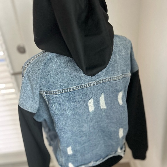 Highway Jeans Distressed Denim Jacket with Black Hood and Sleeves Distressed - Picture 4 of 10